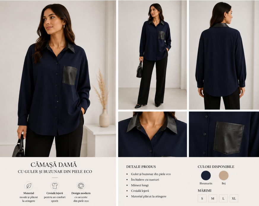 Cămașă Emma gri piele întoarsă cu buzunar contrast negru – Elegant Casual