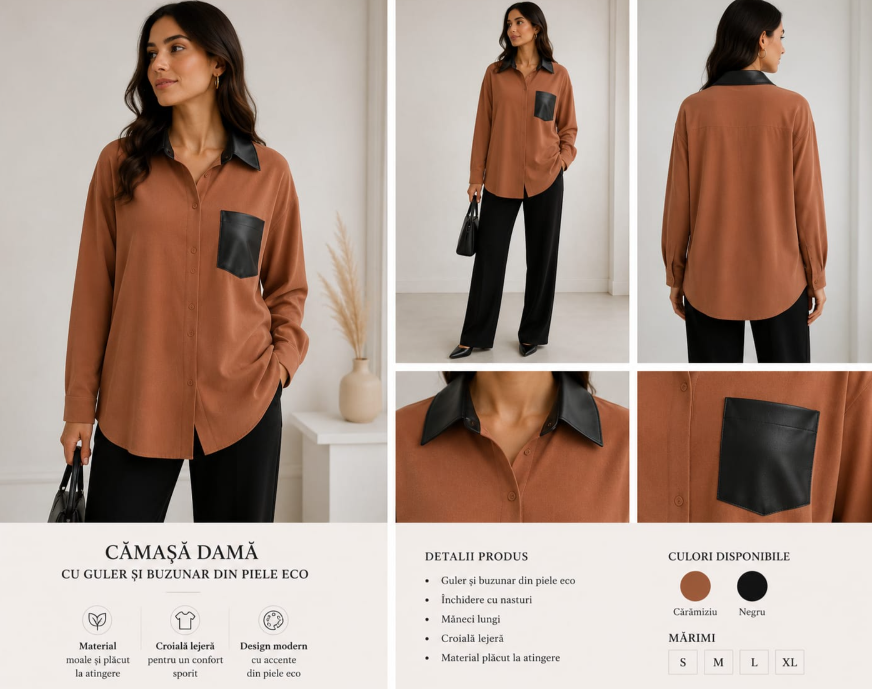 Cămașă Emma gri piele întoarsă cu buzunar contrast negru – Elegant Casual