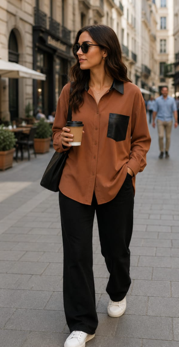 Cămașă Emma gri piele întoarsă cu buzunar contrast negru – Elegant Casual