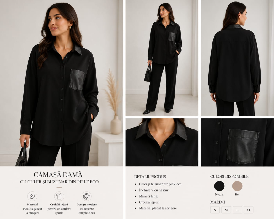 Cămașă Emma gri piele întoarsă cu buzunar contrast negru – Elegant Casual