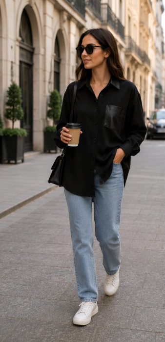 Cămașă Emma gri piele întoarsă cu buzunar contrast negru – Elegant Casual