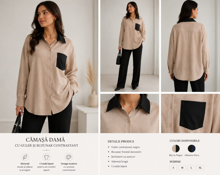 Cămașă Emma gri piele întoarsă cu buzunar contrast negru – Elegant Casual