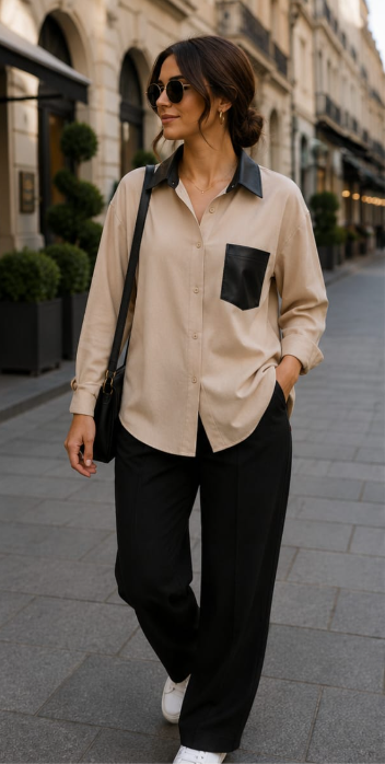 Cămașă Emma gri piele întoarsă cu buzunar contrast negru – Elegant Casual