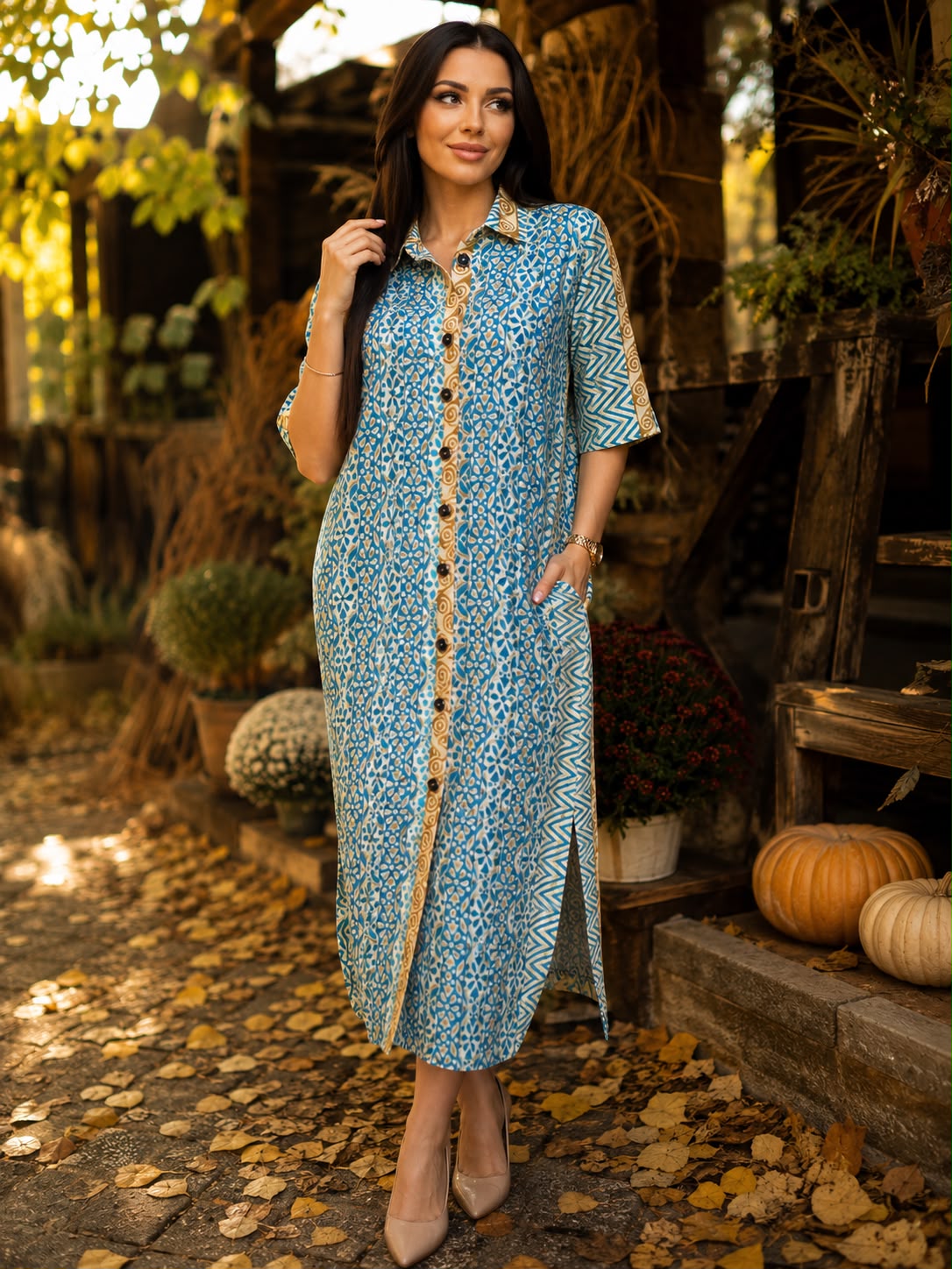 Rochie ERIKA lungă din mătase indiană  – imprimeu floral