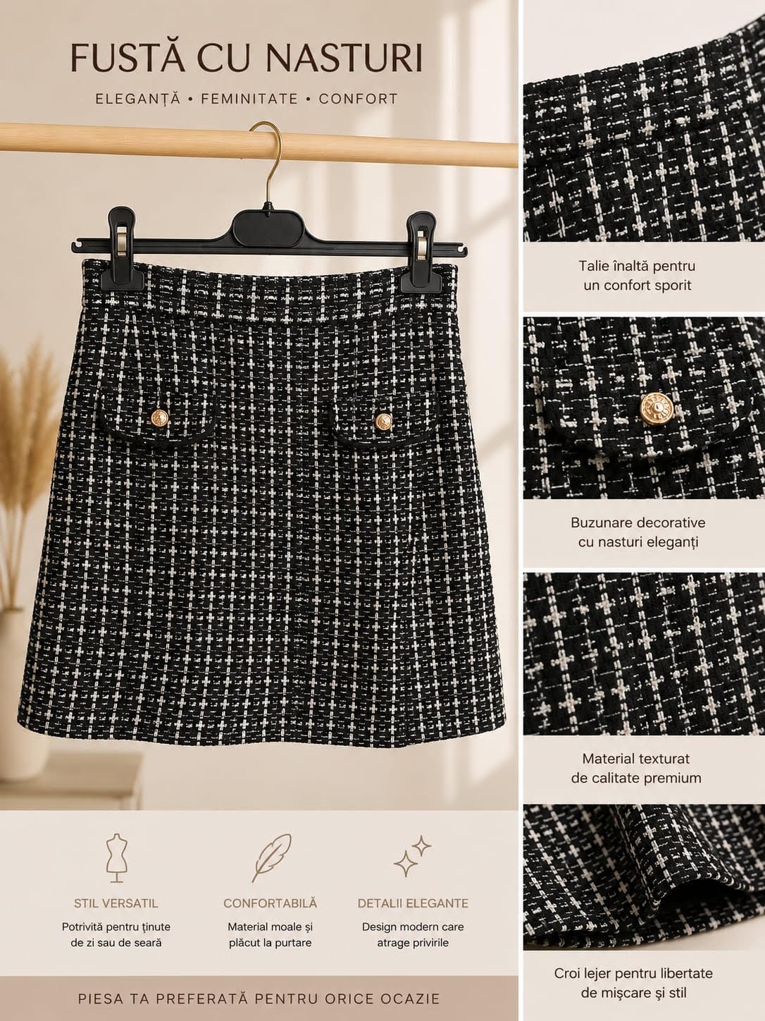 Fustă Bianca – Textură Premium cu nasturi decorativi