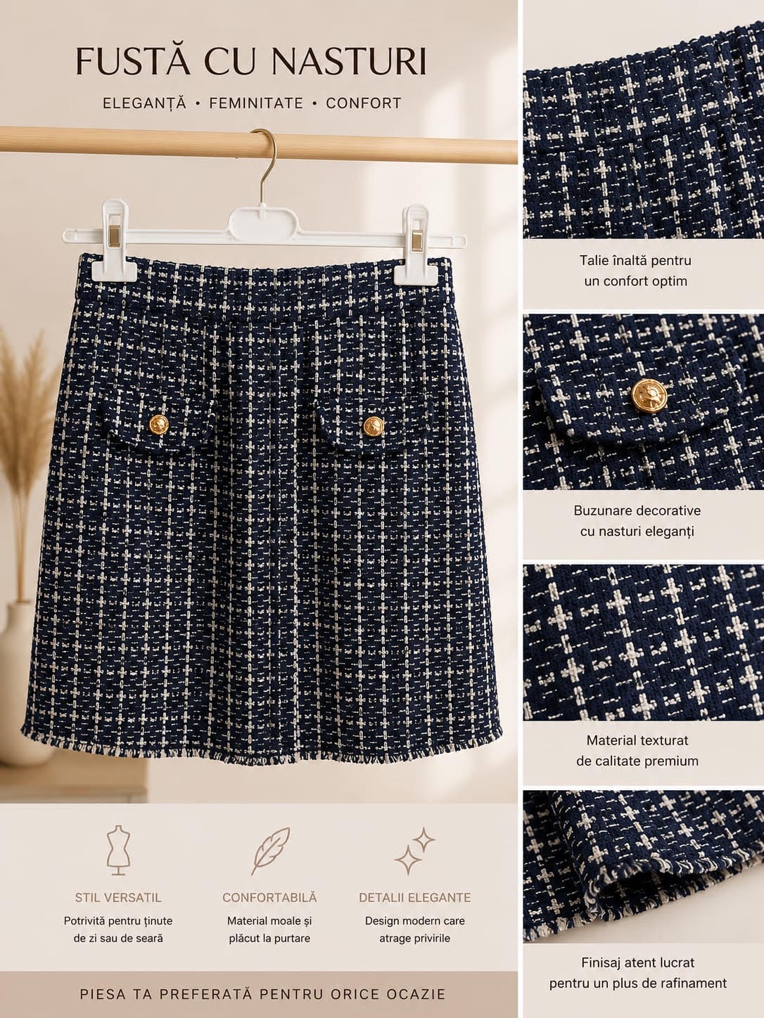 Fustă Bianca – Textură Premium cu nasturi decorativi