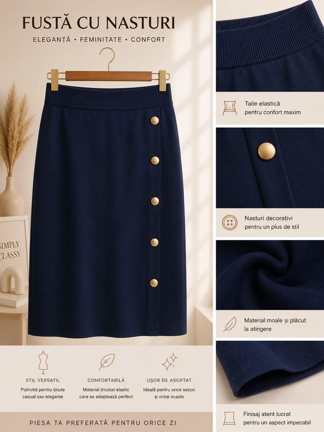 Fustă Sofia – Tricot fin cu nasturi decorativi