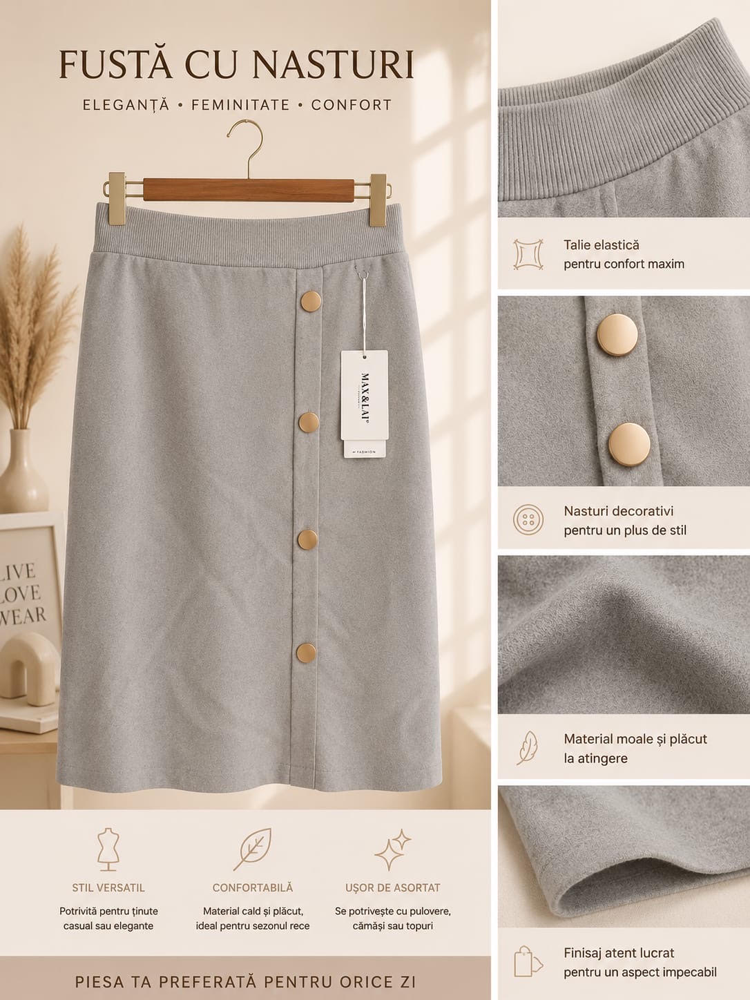 Fustă Sofia – Tricot fin cu nasturi decorativi