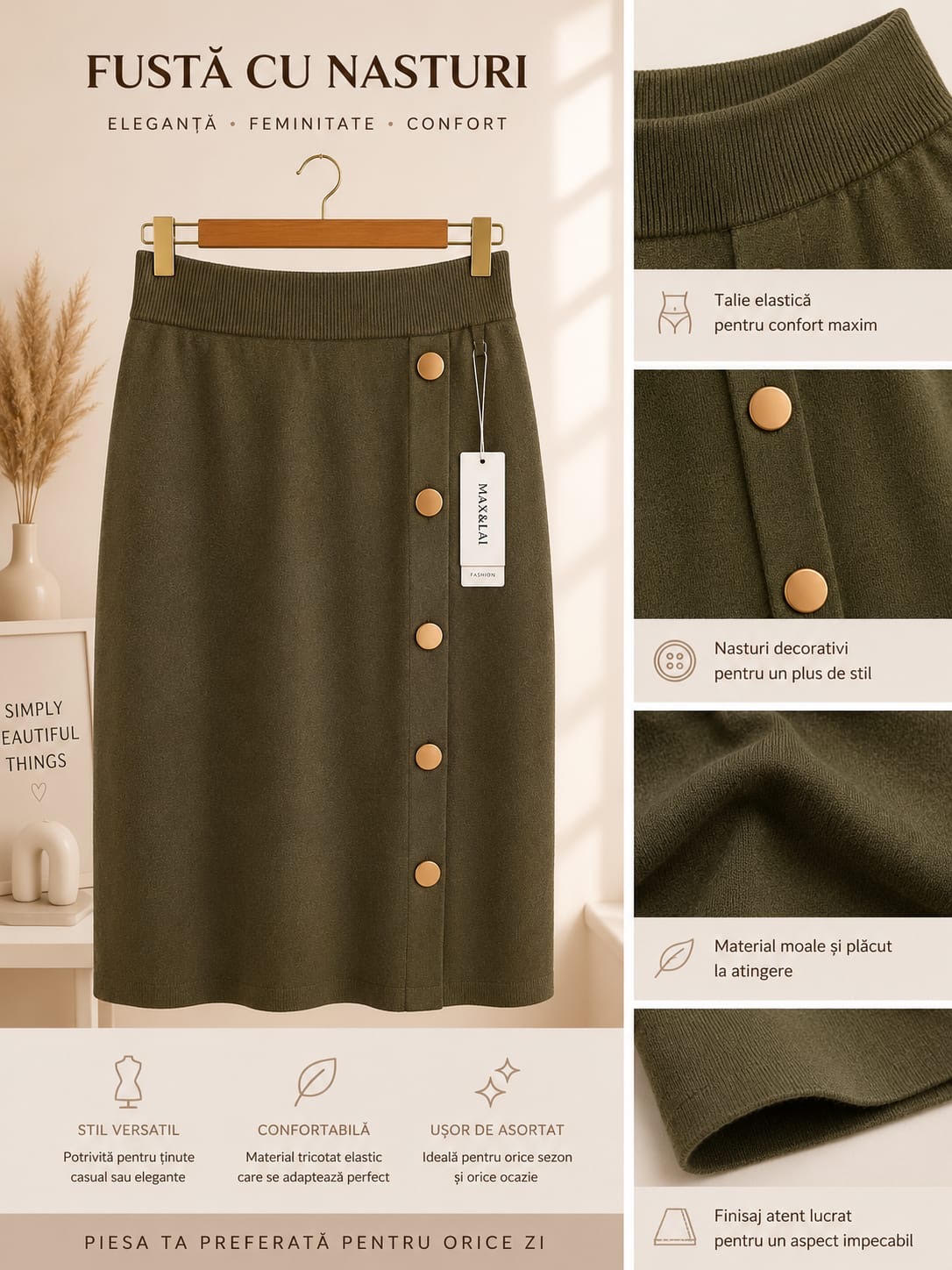 Fustă Sofia – Tricot fin cu nasturi decorativi