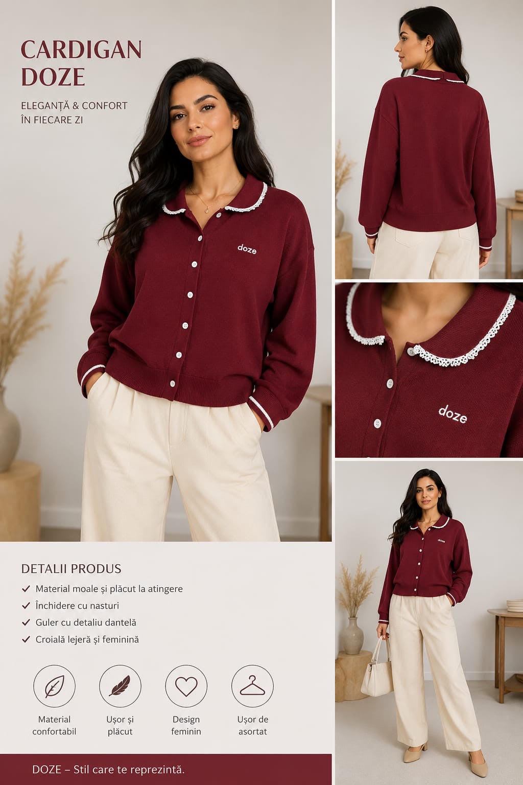 Cardigan Amelia - Tricot fin cu emblema brodată