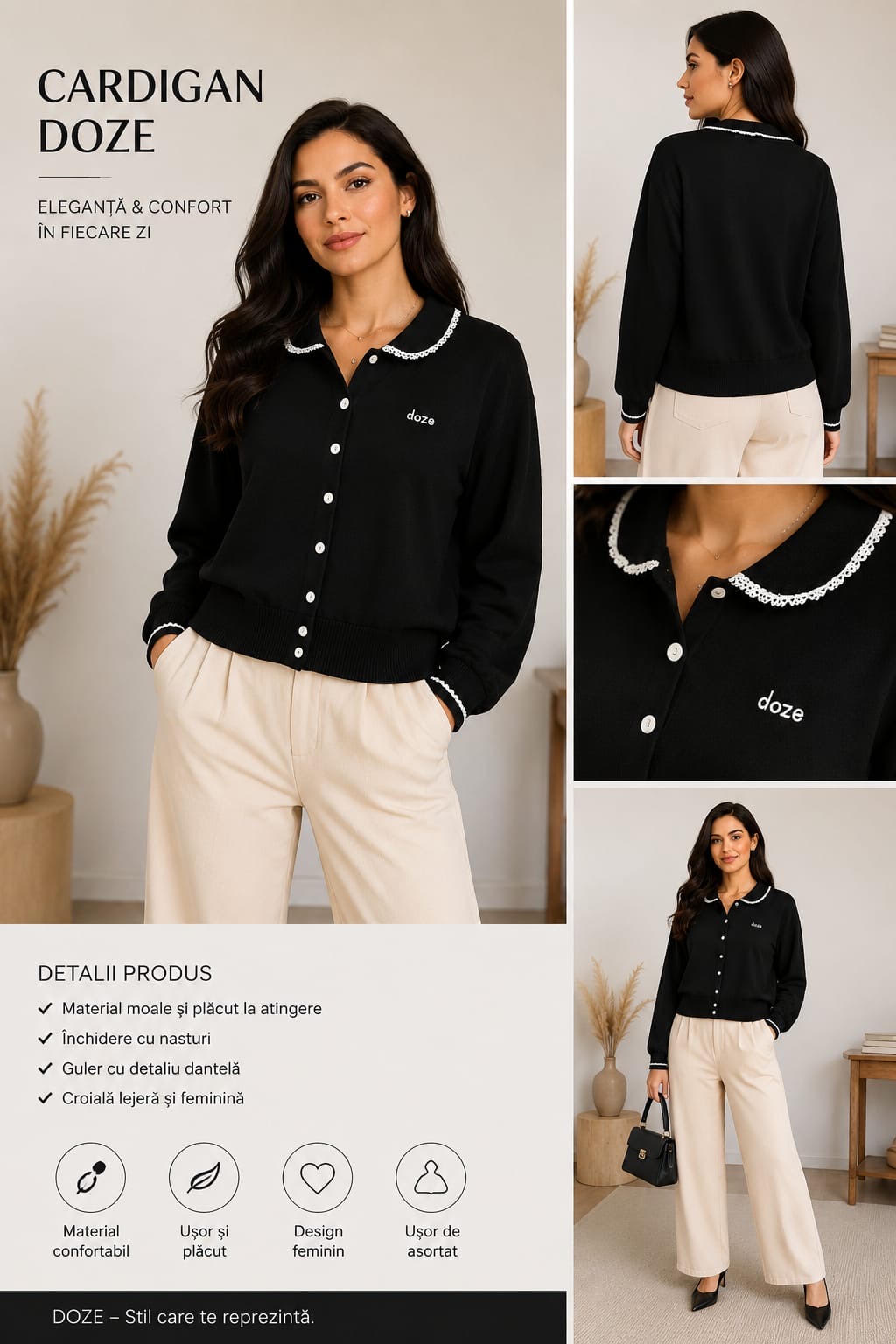 Cardigan Amelia - Tricot fin cu emblema brodată