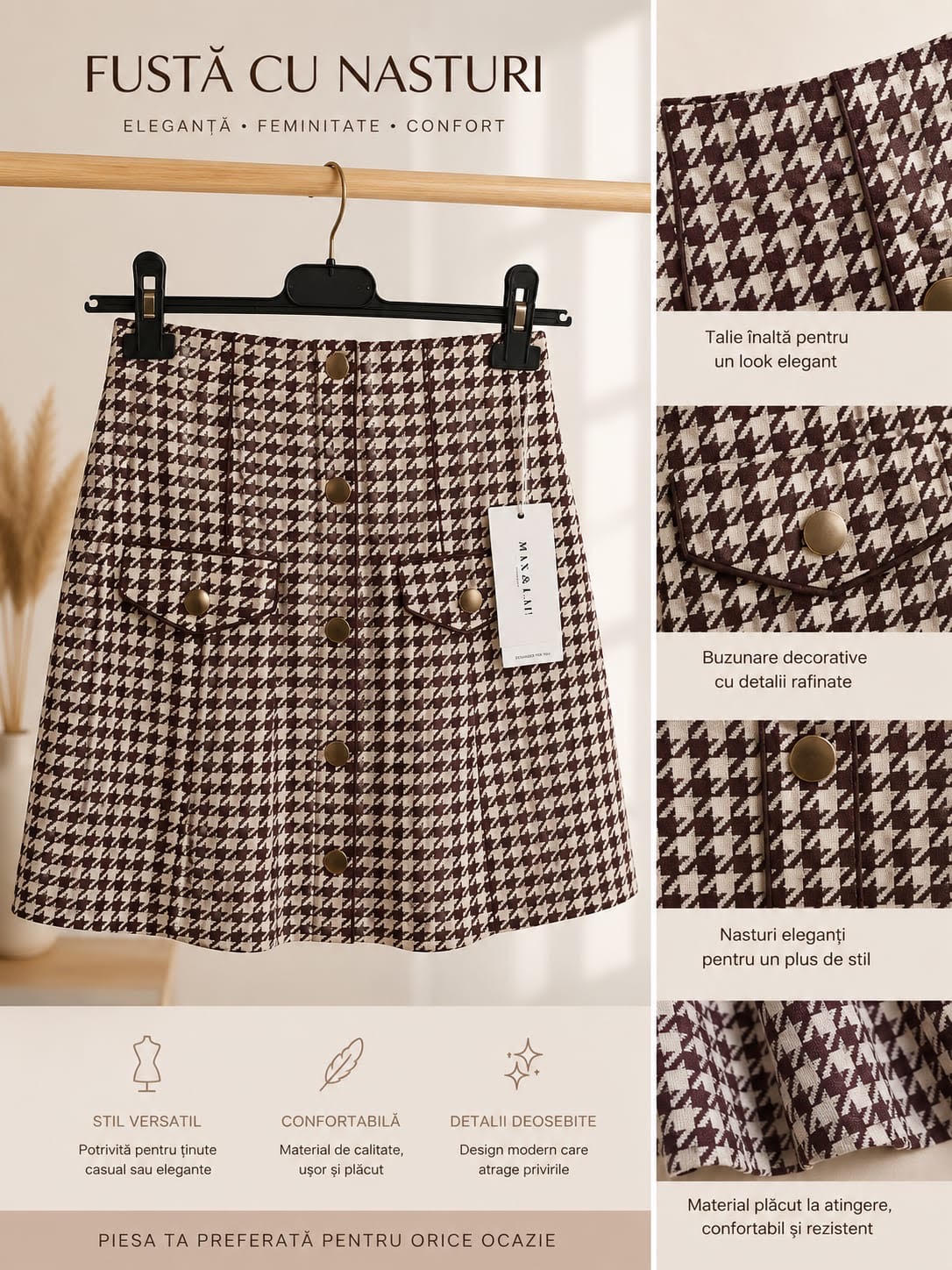 Fustă scurtă Larra – Tricot fin în carouri accesorizată cu nasturi