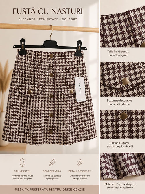 Fustă scurtă Larra – Tricot fin în carouri accesorizată cu nasturi