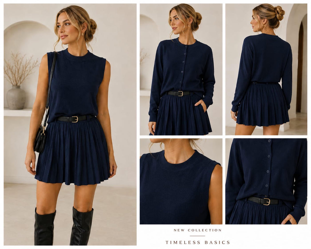 Compleu Sofia 3 piese din tricot fin – Rochie, Cardigan și Curea