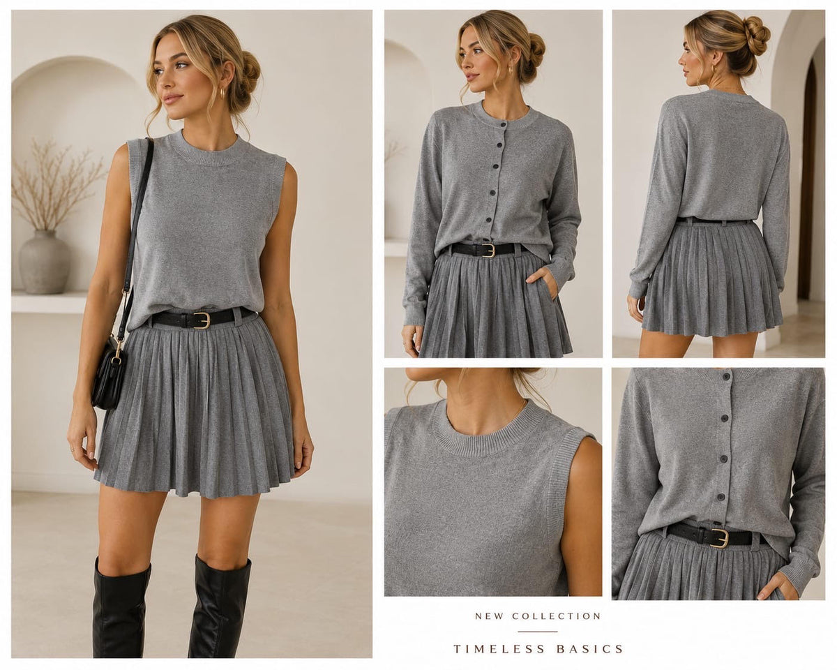 Compleu Sofia 3 piese din tricot fin – Rochie, Cardigan și Curea