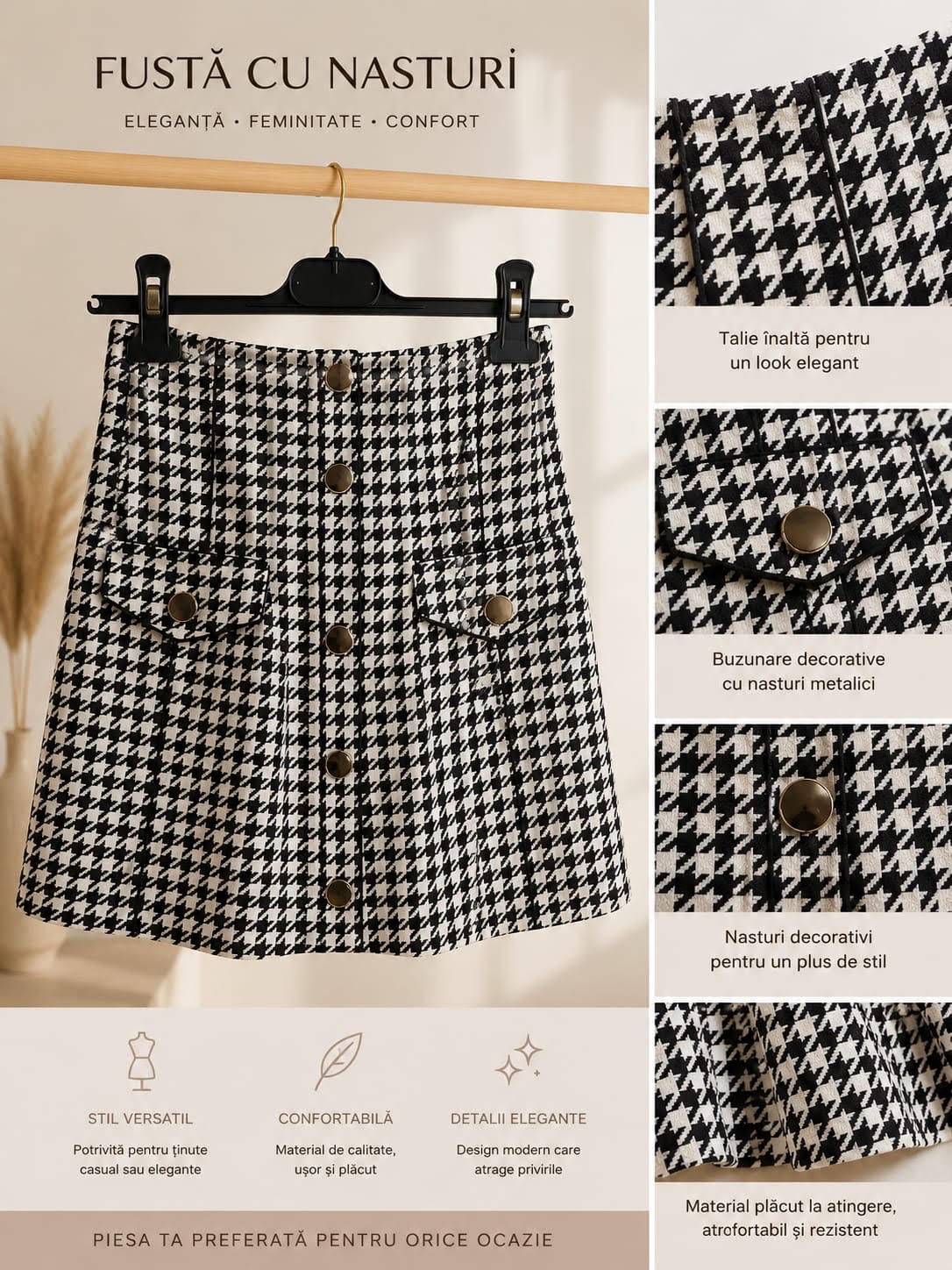 Fustă scurtă Larra – Tricot fin în carouri accesorizată cu nasturi